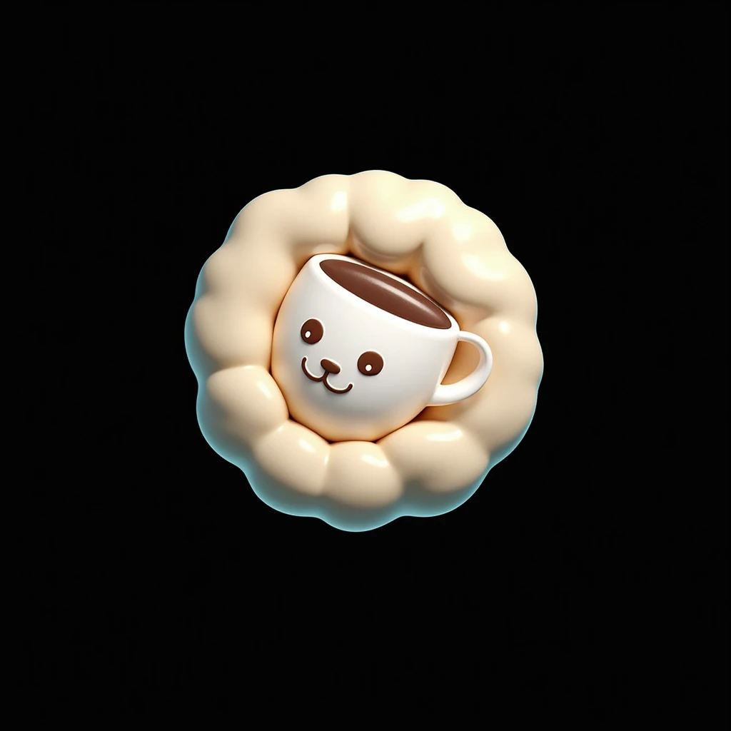  3D style sticker with rubberized and puffed look, has smooth white edges like plastic,  Flat without a leak ,  is located in the middle of a square effect plastic dough,  Create depth " and a cute emoji-style cup in the middle with depth giving a look of ...