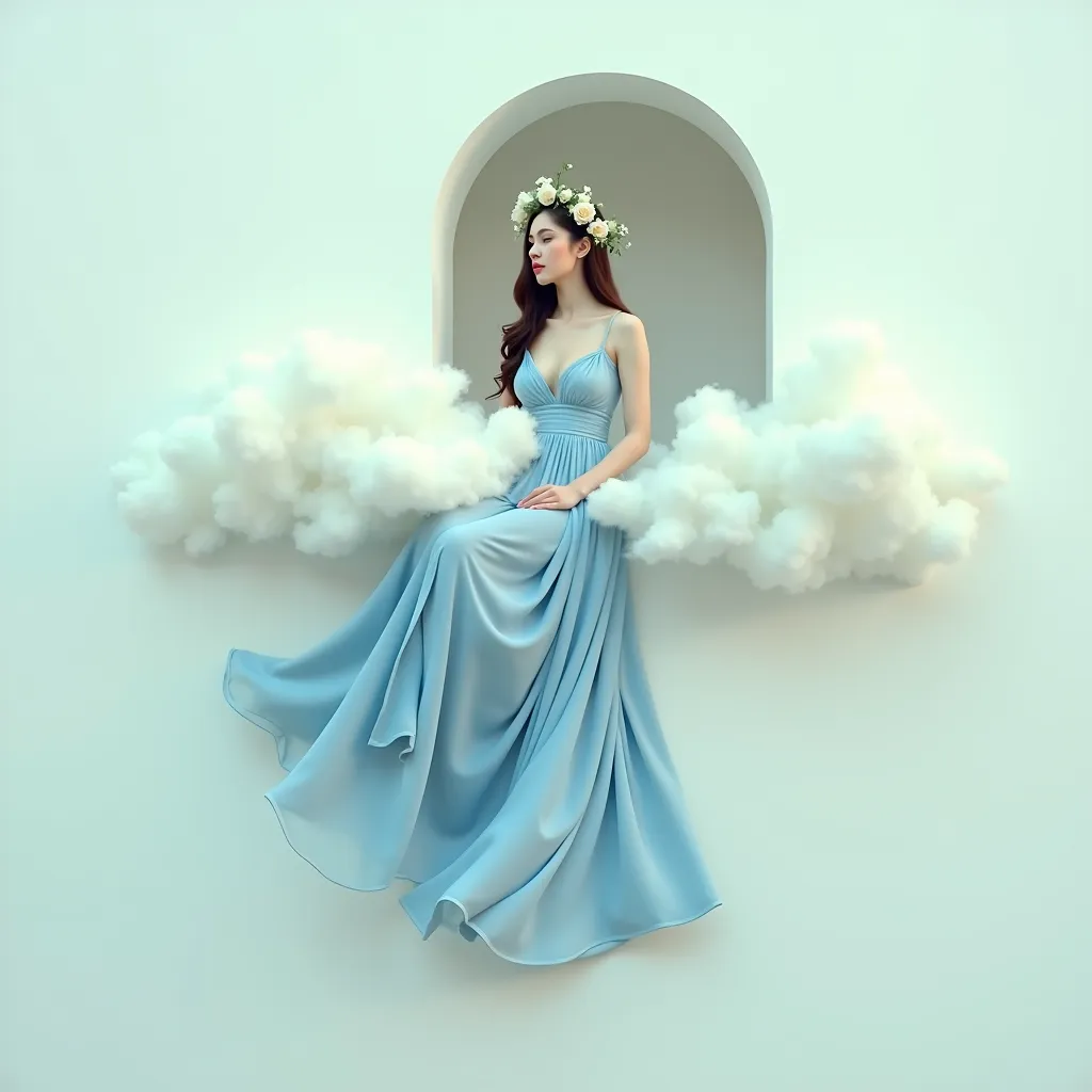 woman sitting in the shape of a cloud on the wall on the wall wearing a blue dress a wreath on her head and with her breasts showing