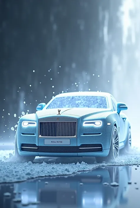 The  on the top of the car words Rolls Royce ghost with icy lustre and looks as though it's melting 