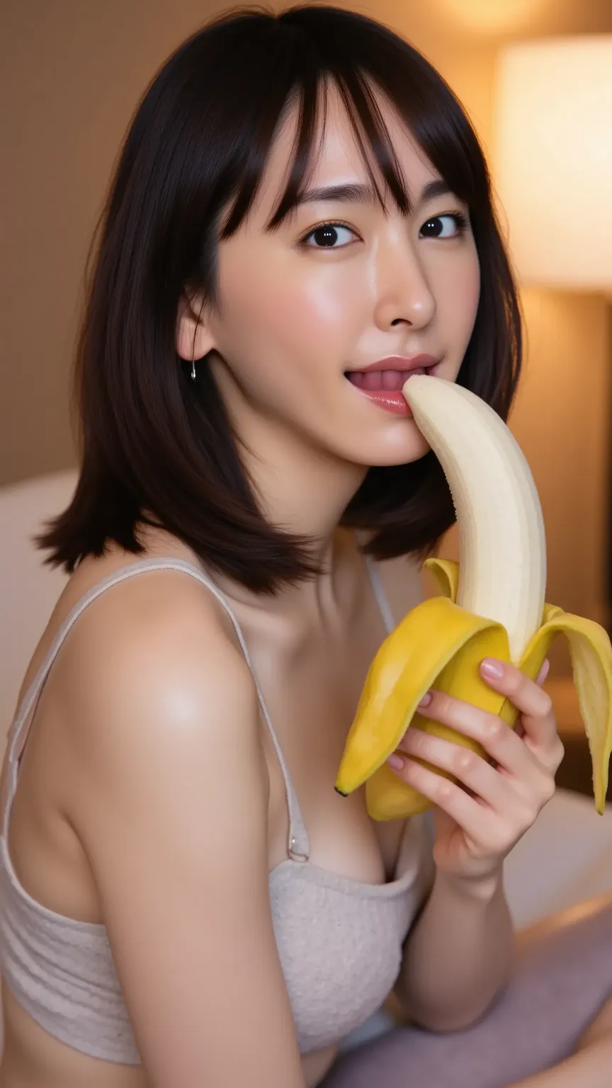 High Resolution, masterpiece, anatomically correct, high detail, A beautiful Japanese person、Jet Black Hair、I have a thick banana、vertically holding a banana、stick out their tongues、open your mouth wide、 put a banana in your mouth 、 sexy、pseudo-fellatio、ps...