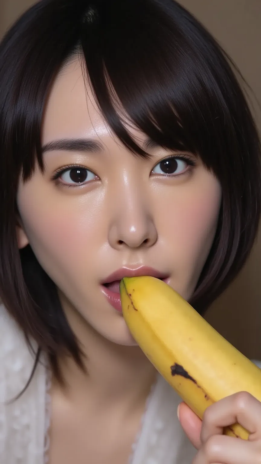 High Resolution, masterpiece, anatomically correct, high detail, A beautiful Japanese person、Jet Black Hair、I have a thick banana、vertically holding a banana、stick out their tongues、open your mouth wide、 put a banana in your mouth 、 sexy、pseudo-fellatio、ps...