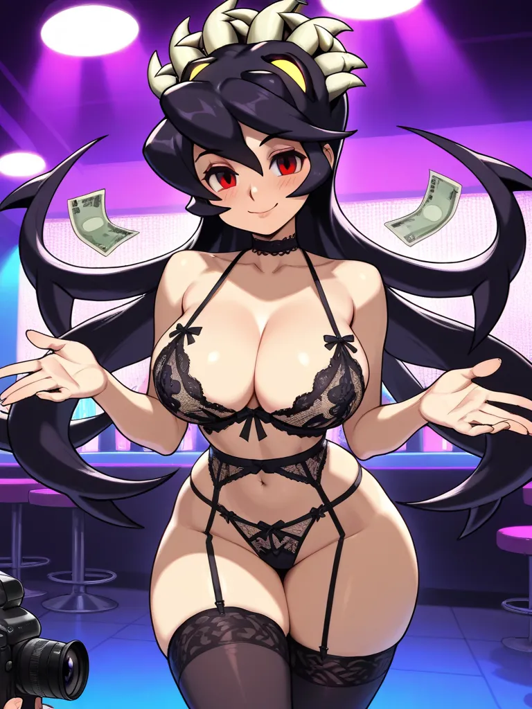 ( Masterpiece),  top quality,  expressive eyes,  Perfect Face, 1 girl,Filia, Skullgirls , big breasts, wide hips,  thin waist, (  Sexy girl),black lace lingerie,With ribbon , salon, blanking, seductive smile, seductive eyes, eyes looking at viewer, lingeri...