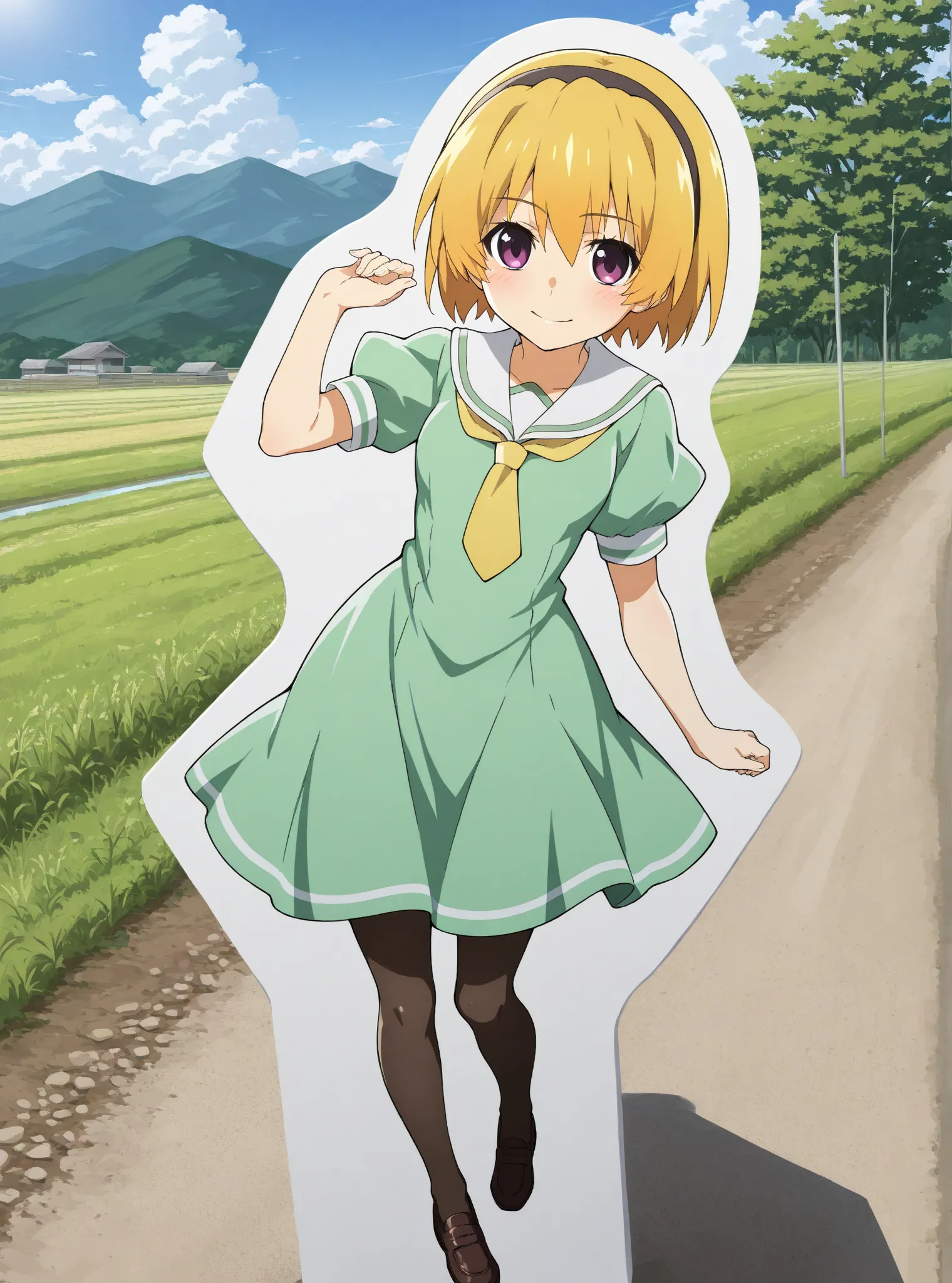 score_9,  score_8_up   , score_7_up  
 BREAK 
source_anime, art, cardboard_cutout, white_outline, standee, photo, photo_background,
rural,Mountain,Ogawa,path
BREAK 
1 girl, Alone, satokoIllustrious, short hair, bangs, blonde hair, hair between eyes, purple...