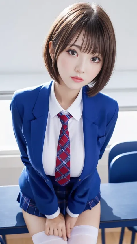   8k Wallpaper、  Delicate and Beautiful Eyes 、Big Breasts(Big Breasts:1.3) 、firm chest、 blue blazer、 white shirt 、 red tie、plaid skirt、high socks、school classroom from below、 、  girl、 slender、Hair color is gold、 short bob、cute posture