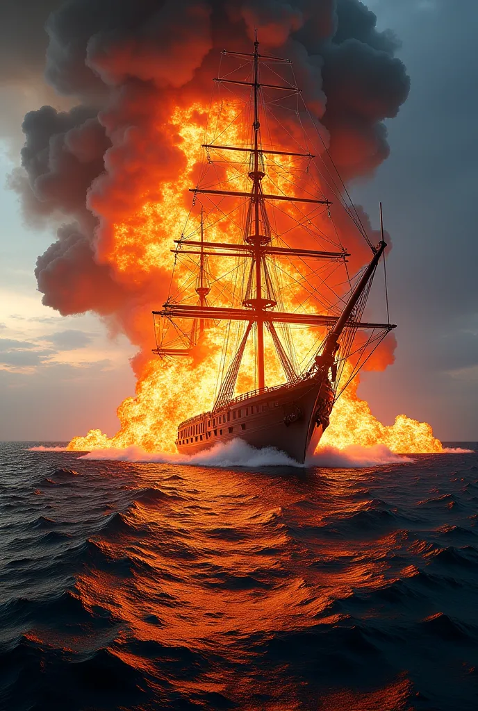 image of the ship suddenly catching fire, explosion in the middle of the sea.