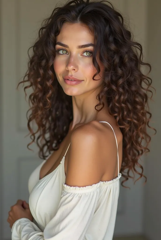 create this green-eyed msm, curly hair,  thin body and big boobs , Only the one with the blue dress tied together, looking to the side 