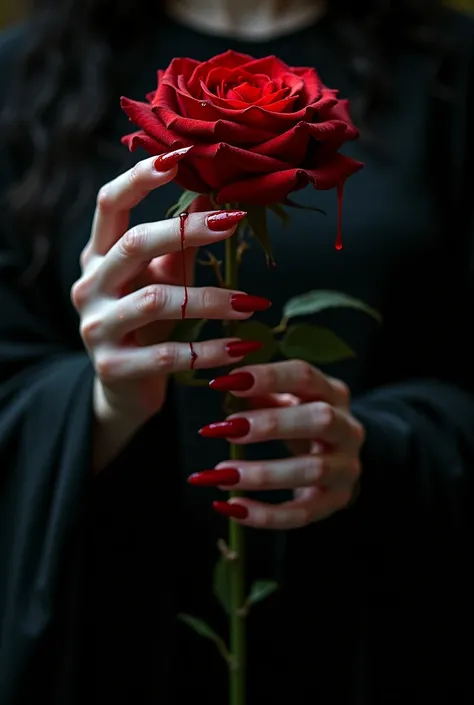 two hands of a witch with red nails holding a red rose with blood on a black background