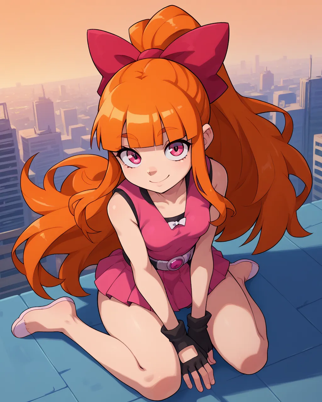 akazutsumi momoko, 1girl, solo, long hair, red eyes, blunt bangs, orange hair, ponytail, red bow, fingerless gloves, skirt, pink vest, red dress, sexy body, small breasts, wide hips, Orange Hair, very Long Hair, ponytail Hair, pink eyes, sexy legs, smile, ...