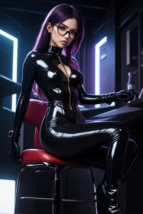 "A seductive and dominant woman wearing a tight, glossy latex catsuit with knee-high stiletto boots that shine under the dim lighting. She stands with one foot elevated on a sleek, futuristic chair, emphasizing the power and elegance of her boots. Her hand...