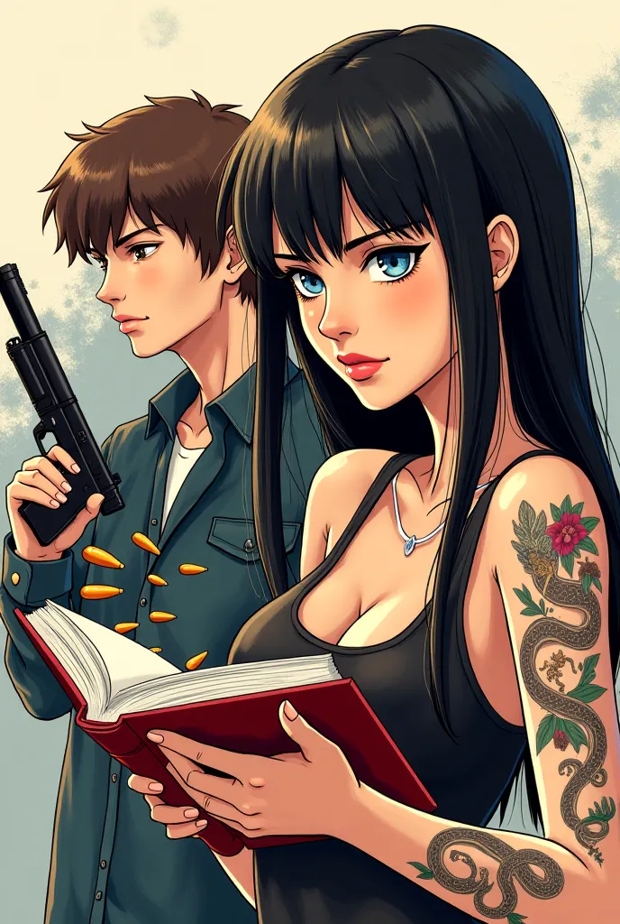 Create a Manhwa GL cover with a woman with straight and dark hair and blue eyes, holding a gun on their side, looking at another character with brown hair and brown eyes, who are holding a book and looking at it, while bullets pass by the two. In the backg...