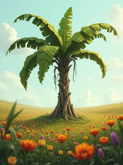 Sad banana tree in the field full of flowers 