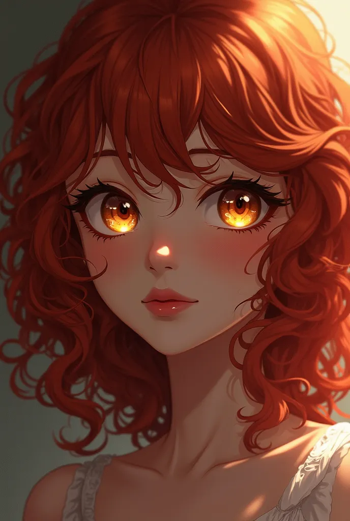 Create an anime character pretty woman she has dark brown skin, Her hair is very curly red, her eyes are yellow she is delicate and beautiful, black