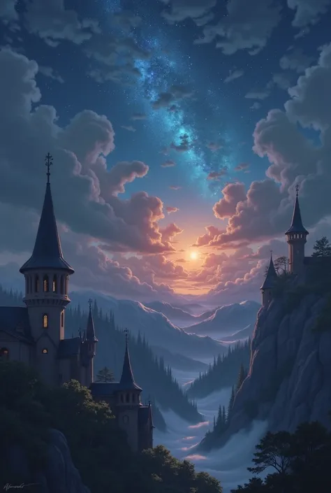 I would now like you to merge this image, With the architecture and landscape of the previous, but I would like it to preserve the sky exactly like this, It&#39;s perfect, I would also like you to place the banner that the other images have.