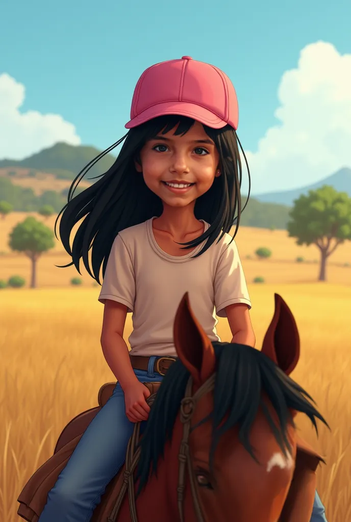 A  girl with intense green eyes, of Brazilian indigenous descent, with long black hair, wearing a pink cap turned backward. She is riding a horse in a Pampa environment in southern Brazil, with vast plains and an open sky. The scenery features the characte...