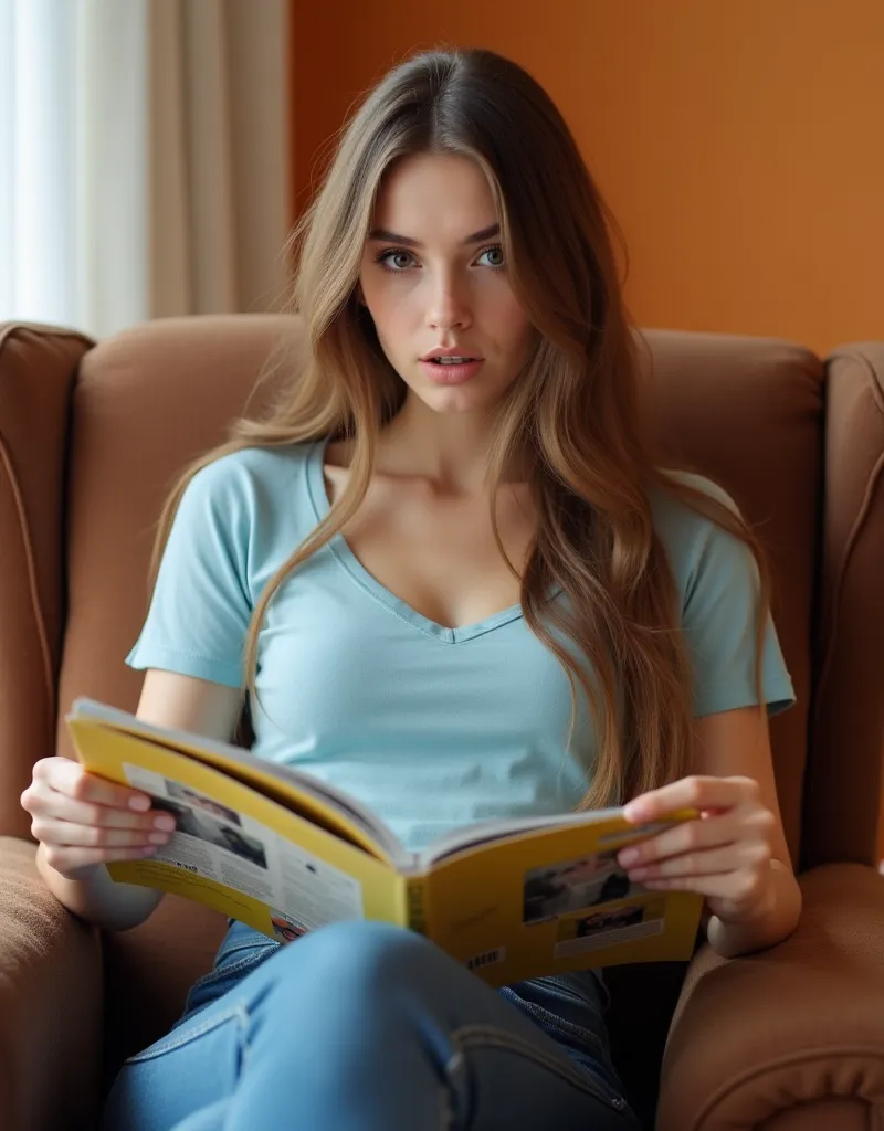 young Russian woman with a beautiful face, medium bust, perfect body, long and loose brown hair parted in the middle in the image, brown eyes, white skin, she is wearing a tight light blue T-shirt with a V-neck, a short T-shirt that shows her navel, stomac...