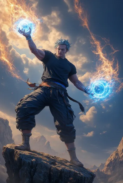 (masterpiece, the best quality, ultra-detailed,  4K resolution, Hyperrealistic anime:1.3), 
Young man wearing pants and black sweatshirt,  with a determined expression , 
in a dynamic flight position, carrying a massive attack of Kamehameha energy in his h...