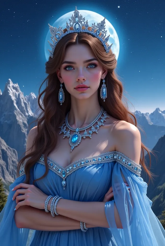  The goddess of non-winter beauty , high, long brown hair, Rectangular face, blue eyes, long lashes,  Eyebrows in a house, the straight nose of the lip lies with a bow, , the fingernail is covered with transparent blue fabric on the head of the crystal tia...