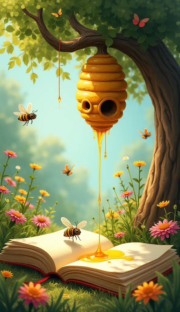 Spring season , hyper-realistic garden decor, little bees, butterflies , Hive hanging on a tree branch. giant book open on the ground, Honey drips on the book .  Pixar watercolor 