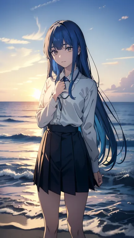 ((((masterpiece,   highest quality ,  Ultra High Resolution)))),   ((anime「and a Scientific Super Electromagnetic Gun」I'm wearing the Tokiwadai Junior High School uniform of)),((、南国のon the beach))1 girl, (((blue super long hair-と，I'm wearing a C-shaped hea...