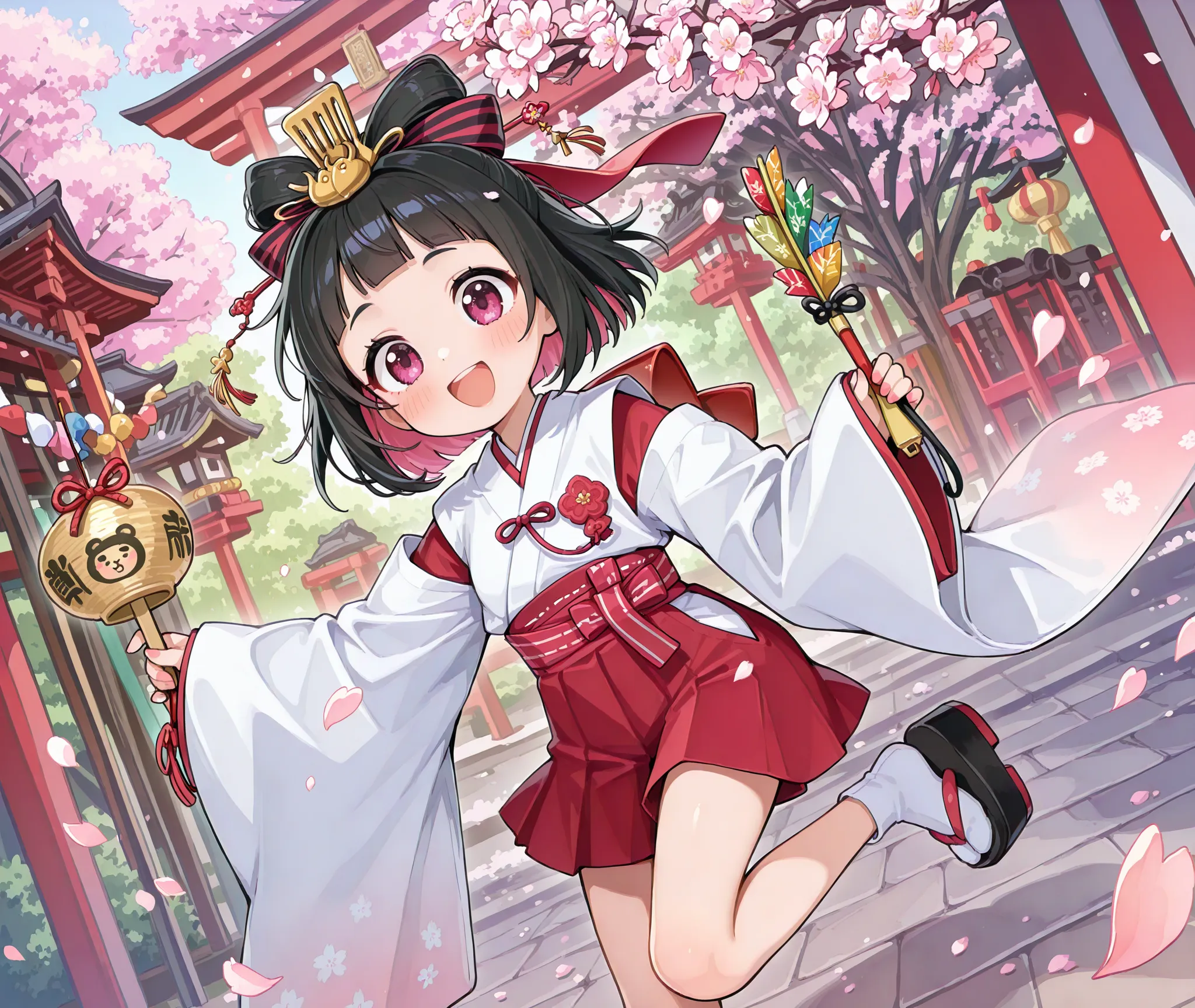 A joyful young girl celebrating Hinamatsuri, holding colorful hina-arare sweets in her hands, surrounded by a vivid and cheerful backdrop. The scene is full of lively colors reminiscent of candy, enhancing the festive atmosphere. Delicate sakura petals are...