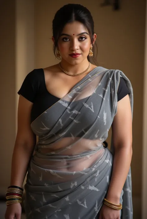 A thick voluptuous  plus size and mature  beautiful Indian married woman. Bombshell.big lips glossy.Her hair is tightly pulled and tied backwards un a pony showing forehead. Busty, huge boob.Black eye kajal making her eyes look bold and mean.she is wearing...