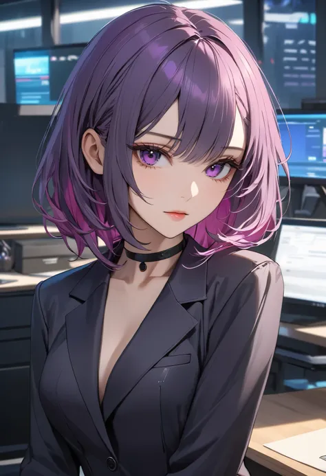 masterpiece, highest quality, perfect face, highest resolution, detailed depiction of eyes, 1 woman, slender body, orchid color hair, Wavy bob hair, deep purple color eyes, cyberpunk, shirt, charcoal gray color suit, Black Ribbon Choker ,  office,