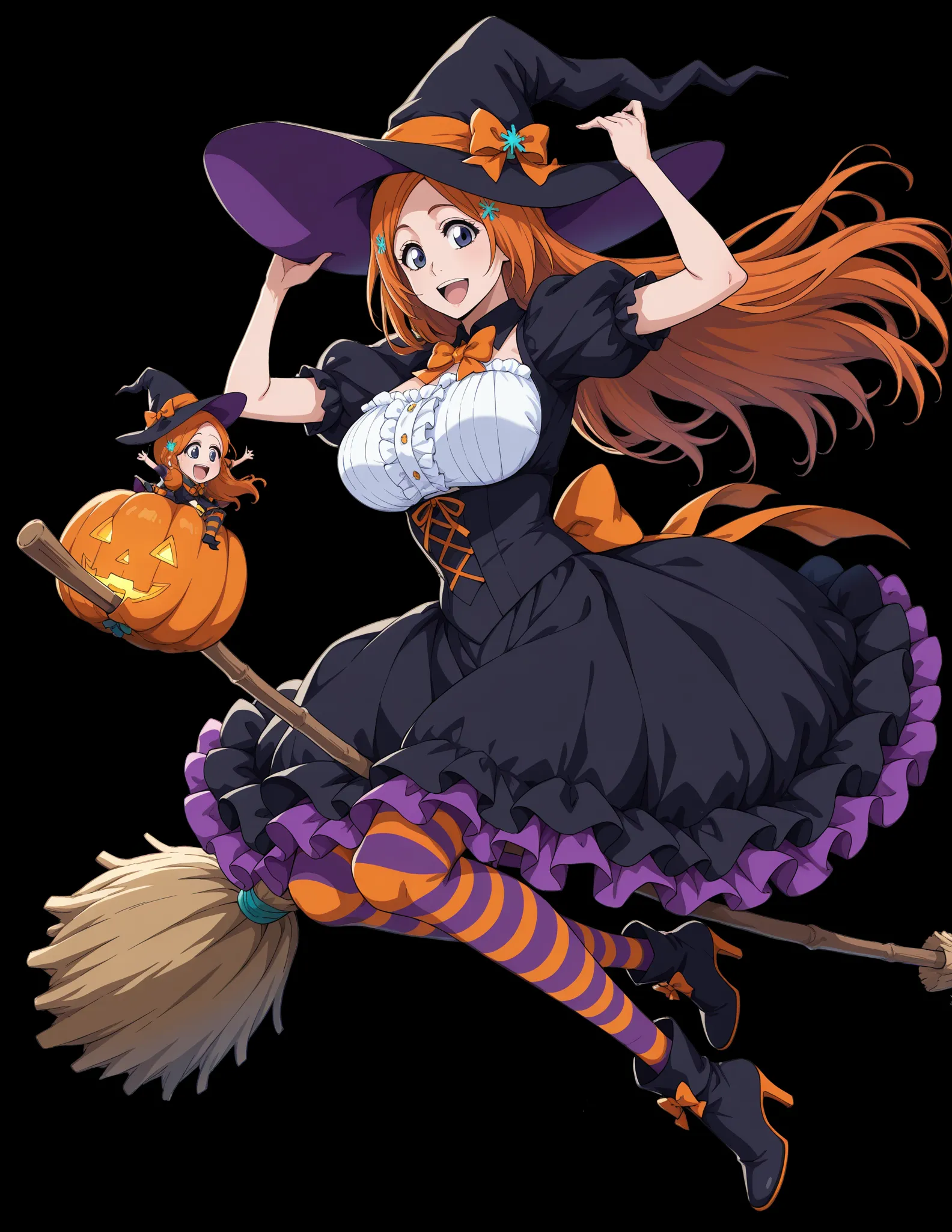 0rihime, 1girl, witch hat, broom riding, striped clothes, large breasts, open mouth, frilled dress, long hair, frills, black background, striped pantyhose, orange hair, high heels, looking at viewer, puffy sleeves, puffy short sleeves, hand on headwear, bo...