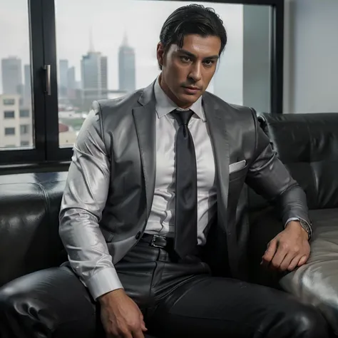 30 years old,daddy,"shiny suit",wear white shirt, very glossy pants, necktie, waistcoat, shiny satin trousers,dark gray satin fabric ,Dad sit down on the sofa,  k hd,in the office,"big muscle" ,black hair,asia face,masculine,strong man,the boss is,handsome...