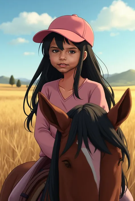 A  girl with intense green eyes and long black hair, wearing a pink cap turned backward. She is riding a horse, with her head resting gently against the horse's head. The scene takes place in the Pampa region of southern Brazil, with vast plains and an ope...