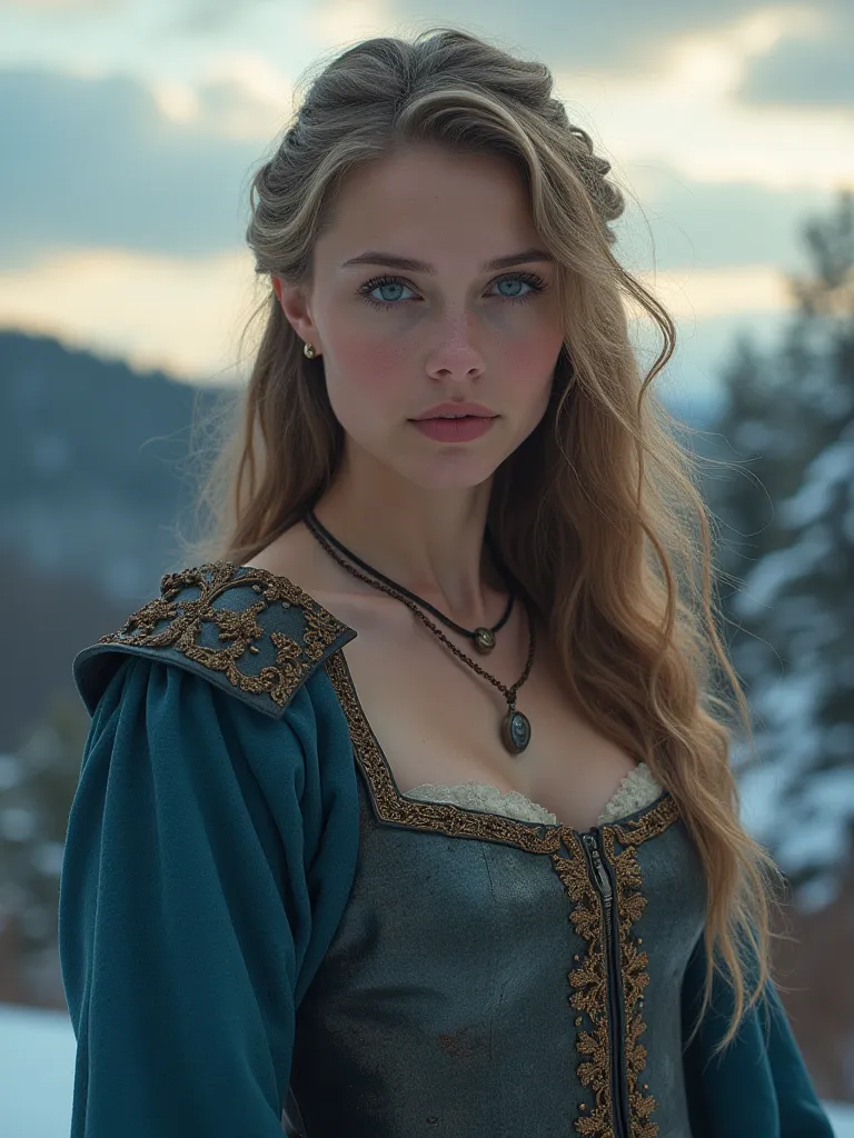 Jeanne d'Arc 22 years old, (full body breasts: 1.15), looking at the spectator, perfect eyes, penetrating look, 
electric blue sky, golden clouds, medieval landscape, surrounded by snow-covered forests, atmosfera intensa, soft diffuse light, faint mist aro...