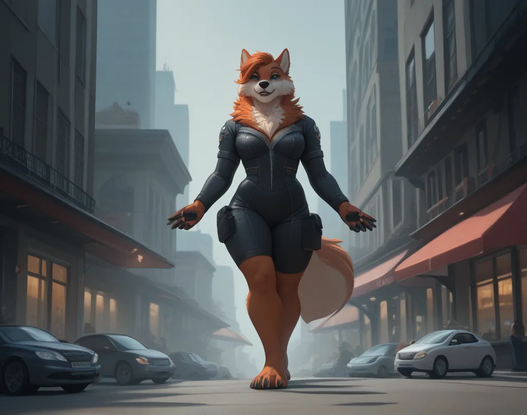  Masterpiece ,Better quality,amazing quality,
 solo, female,  woman , arctic she-wolf, furry,   costume towers over the city, macro,,-sized, high face detail, high body detail, 8k quality, Ultra high definition, Very detailed, HD model,  beautiful eyes , f...