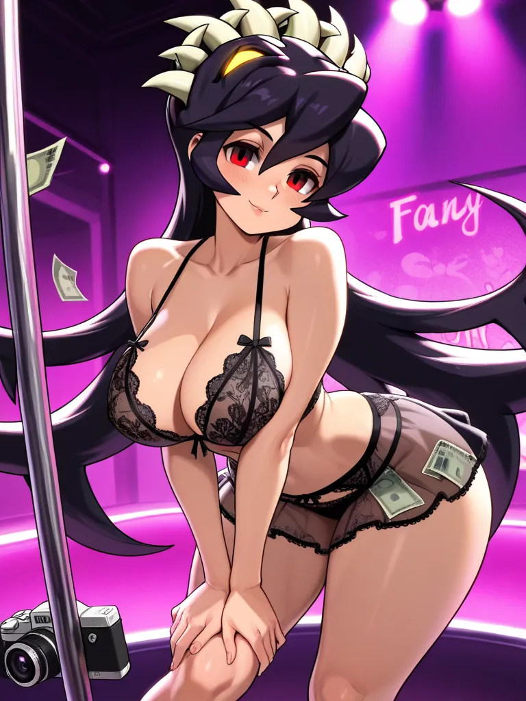 ( Masterpiece),  top quality,  expressive eyes,  Perfect Face, 1 girl,Filia, Skullgirls , big breasts, wide hips,  thin waist, (  Sexy girl),black lace lingerie,With ribbon , salon, blanking, seductive smile, seductive eyes, eyes looking at viewer, lingeri...