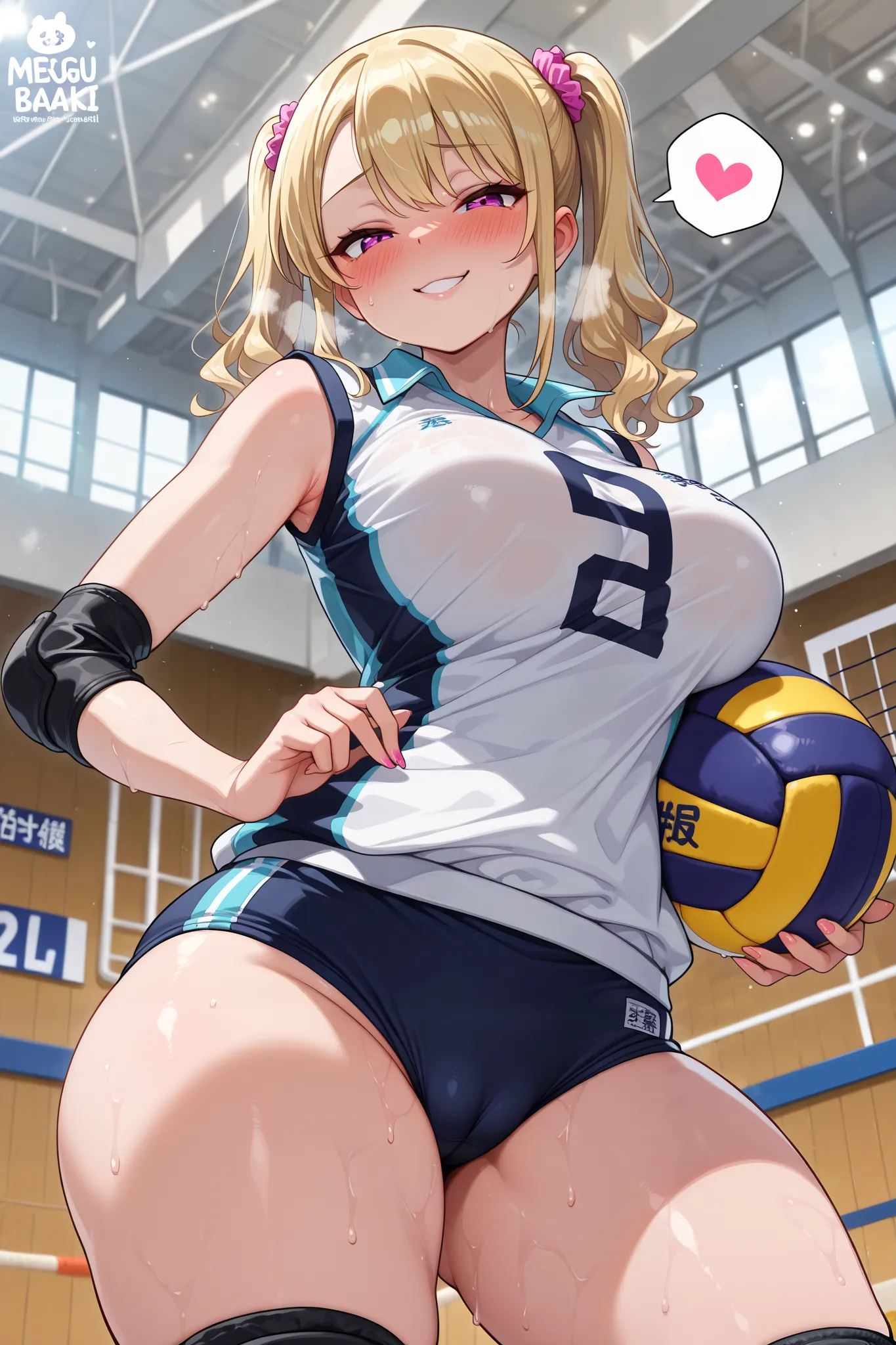 masterpiece, best quality, amazing quality, 1 girl, solo,  (gyaru:1.4), (holding ball:1.4), (sexy pose:1.4), (thick thighs:1.4), Collared volleyball uniforms, sleeveless, (buruma:1.2), volleyball knee pads, elbow sleeve, (8.5 inch fully spherical old volle...