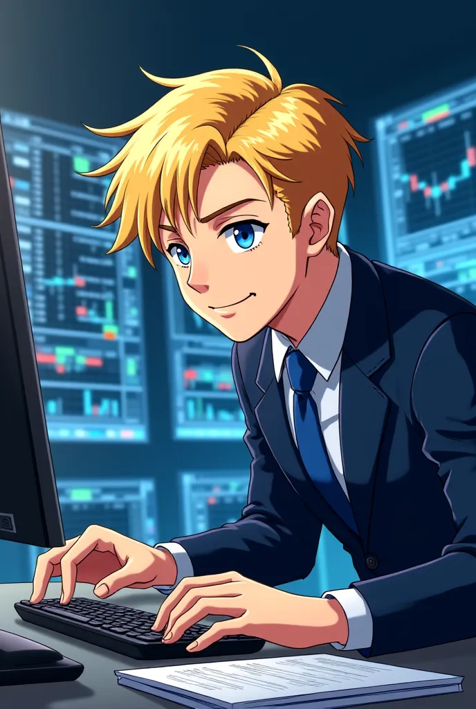 It has to be an animated character who is a blond man with blue eyes and who works in the stock market, The image may show him working in a room with charts and trading strategies