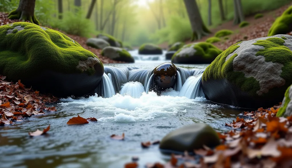 A photorealistic view of a now-energetic stream rushing around mossy boulders, evidence of recently melted snow or seasonal rainfall. Rich, dark soil replaces the once-thick carpet of leaves, indicating nutrient-rich ground for new growth. The scene radiat...