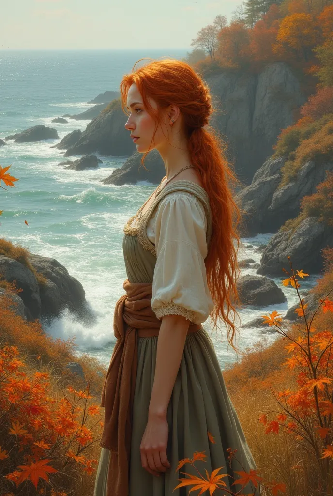 Create an art book cover image of a peasant woman with pale red hair on the coast for autumn nature 