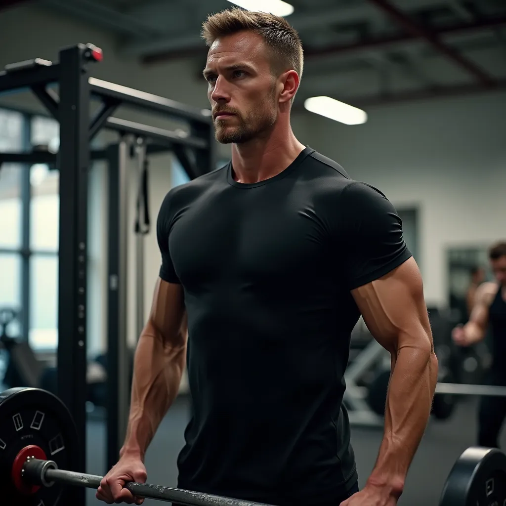 CREATE AN IMAGE OF A THIN MAN DOING WEIGHT TRAINING AT A GYM WHILE WEARING A BLACK T-SHIRT
