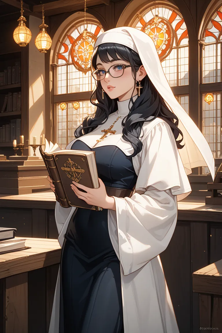 
 “A fantasy-style illustration of Meryl, a beautiful guild receptionist with long black hair and glasses. She wears an elegant nun-like robe with intricate embroidery. Her expression is calm and composed, yet slightly shy. She stands behind a wooden count...