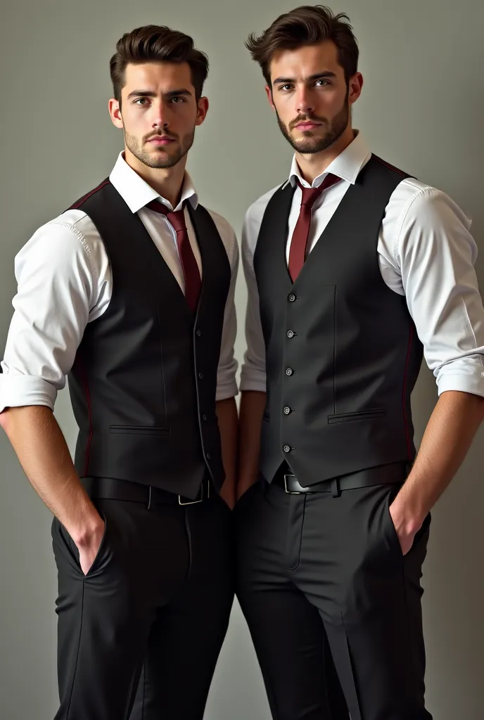 
two men in vests and ties standing next to each other, digital art by Micha Klein, trending on cg society, digital art, two handsome men, 2 muscular attractive men, beautiful male twins portrait, two male, bussiere and roberto ferri, male art, masculine a...