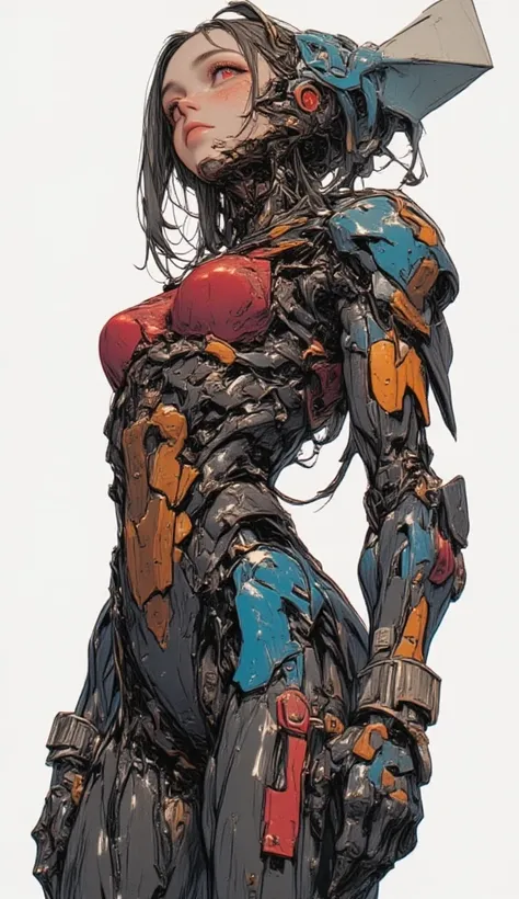 A drawing of a robot with lots of different colored parts, Samus aran fanart, doom guy resembling Samus, Samus aran, Samus, video game fan art, Metroid, nintendo Game Art,  Vibrant Fanart , Samus aran bioorganic varia suit, zero suit Samus, older woman wea...