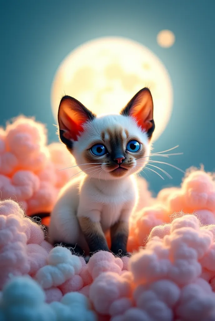 A Siamese kitten with a three-dimensional effect, embroidery and fur made of wool and felt, with a bright full moon background and clouds embroidered with pastel colors for iPhone wallpaper 