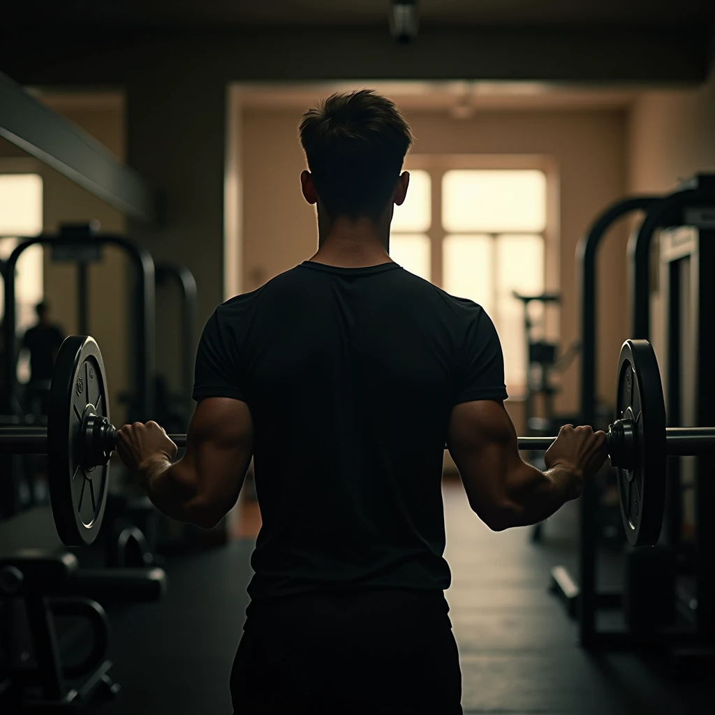 CREATE AN IMAGE FROM AFAR OF A THIN MAN DOING WEIGHT TRAINING AT A GYM WHILE WEARING A BLACK T-SHIRT
