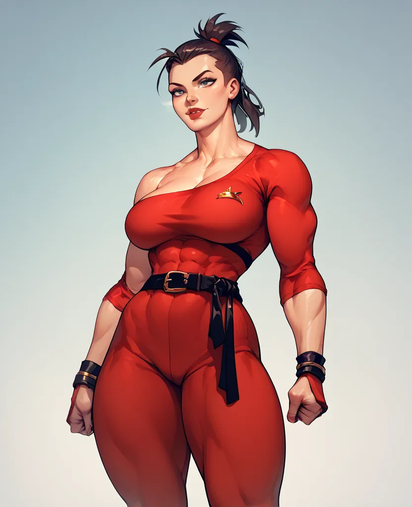  tall woman, strong, thighs and breasts,  definite curves, fighter,  stylized anime art , smooth red uniform, black belt around the waist, black bracelets on the hands, hair brushed back