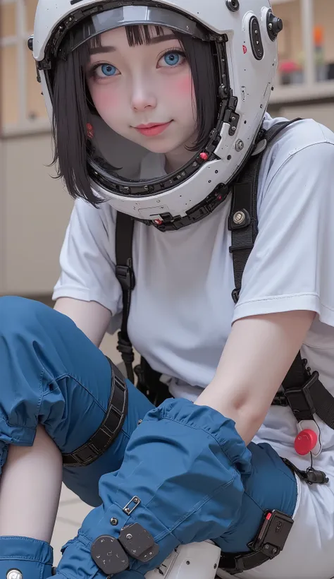 live action、Genuine、 Beautiful Japanese woman crouching 、 black hair、 short bob cut 、Short white t-shirt、 showing her chest and belly button 、hot pants、 blue high-top sneakers 、 she puts a spacesuit helmet over her face and holds it with both hands、smile、...