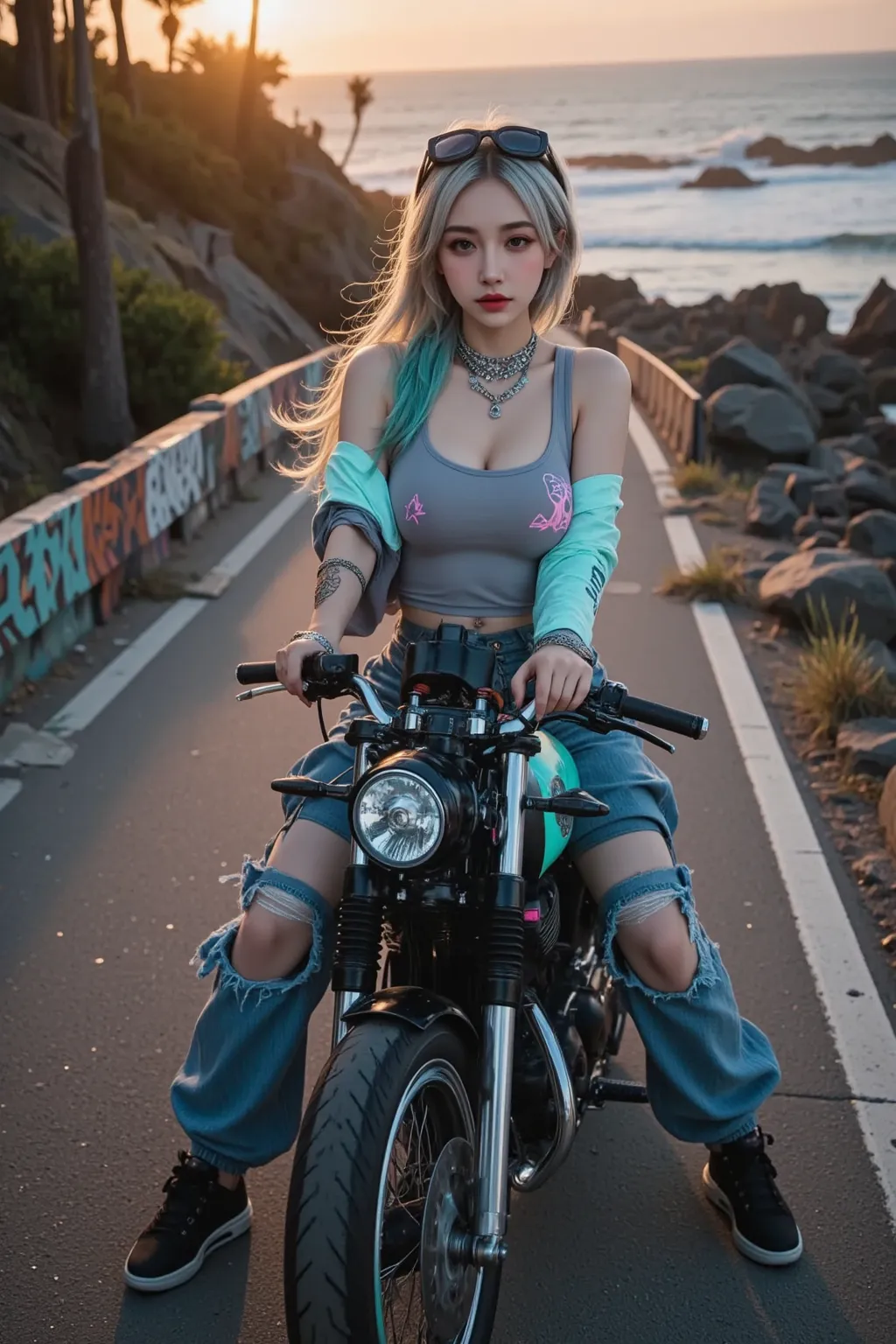 A stunning, rebellious woman riding a custom chopper-style Harley-Davidson along a rugged coastal road at sunset. The motorcycle features an elongated fork, a low-slung frame, and a matte black finish with neon-colored accent lines glowing subtly along the...