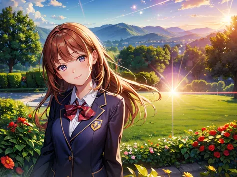 (((masterpiece))), (((best quality))),extremely detailed CG,(lens flare:1.4),the background is school garden,(magnificent view:1.2),(wind),1 girl,solo focus,red long hair ,light smile,light makeup,cinematic angle,Small breasts, school uniform blazer, ((fac...