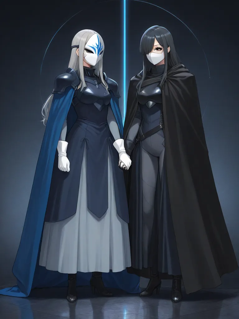 high resolution, masterpiece, necessary, detail, best quality, quality, necessary, details, High details, Precise, 
 

2girls_Couple_ ufotable style, ufotable anime

faceless, mask covered face, white mask with black eyes, grey hair, long hair, blue long c...