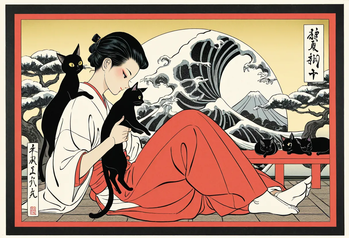 ukiyo-e, ultra complex high detail, beautiful japanese traditional culture, playing with black cats