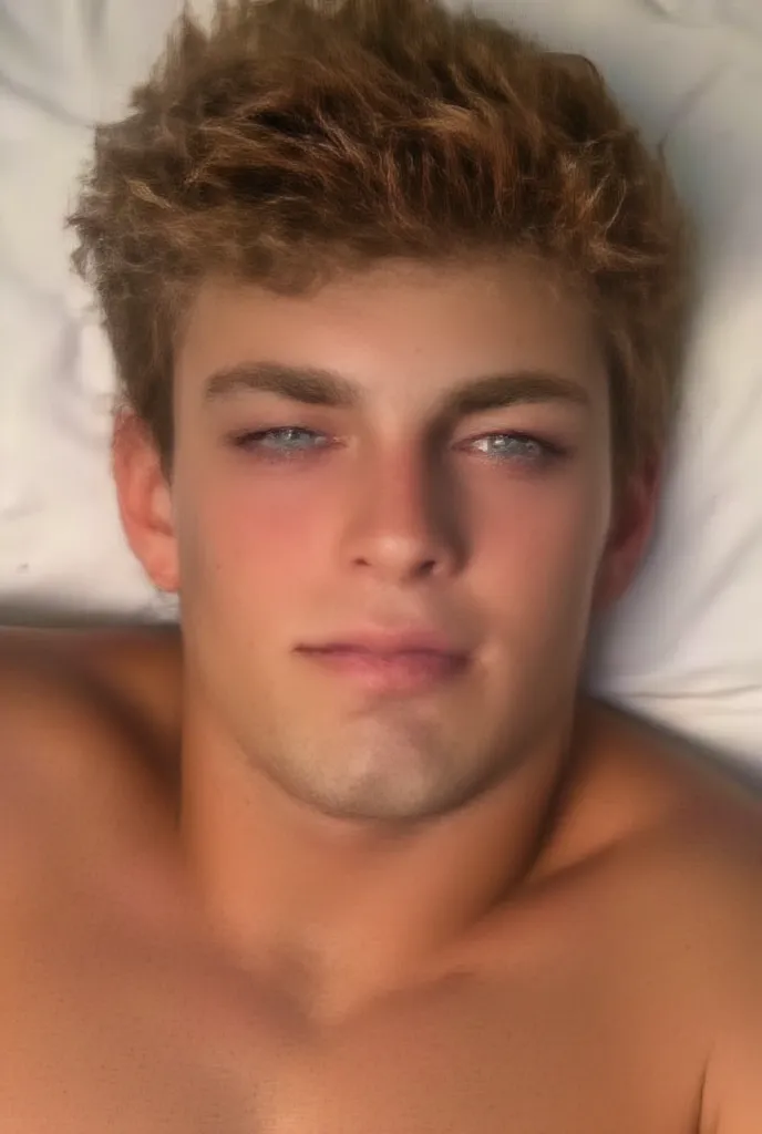 Skin Tone: Fair, warm undertone. Hair: short, voluminous, blonde hair. Eyes: Dark brown with a striking, almond shape. Notable Features: glowing skin, dimples, a few freckles. male. he is laying on a bed. around 21 years old.