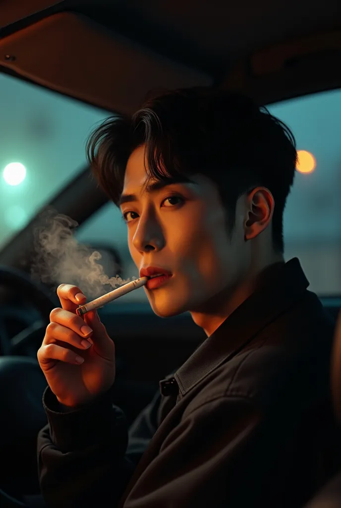 Jaehyun portrait of the idol,  art style realism , Kpop, nct, smoking a blunt inside a car at night, inspired by Jeong Yun Oh